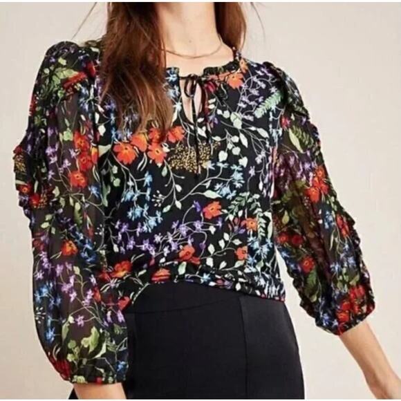 Anthropologie Tops - Maeve by Anthropologie Jacquin Top Womens Medium Black Multicolor Floral Boho